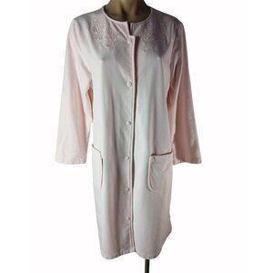 Miss Elaine Pink Embroidered Snap Robe Size L Long Sleeve Loungewear Pockets
